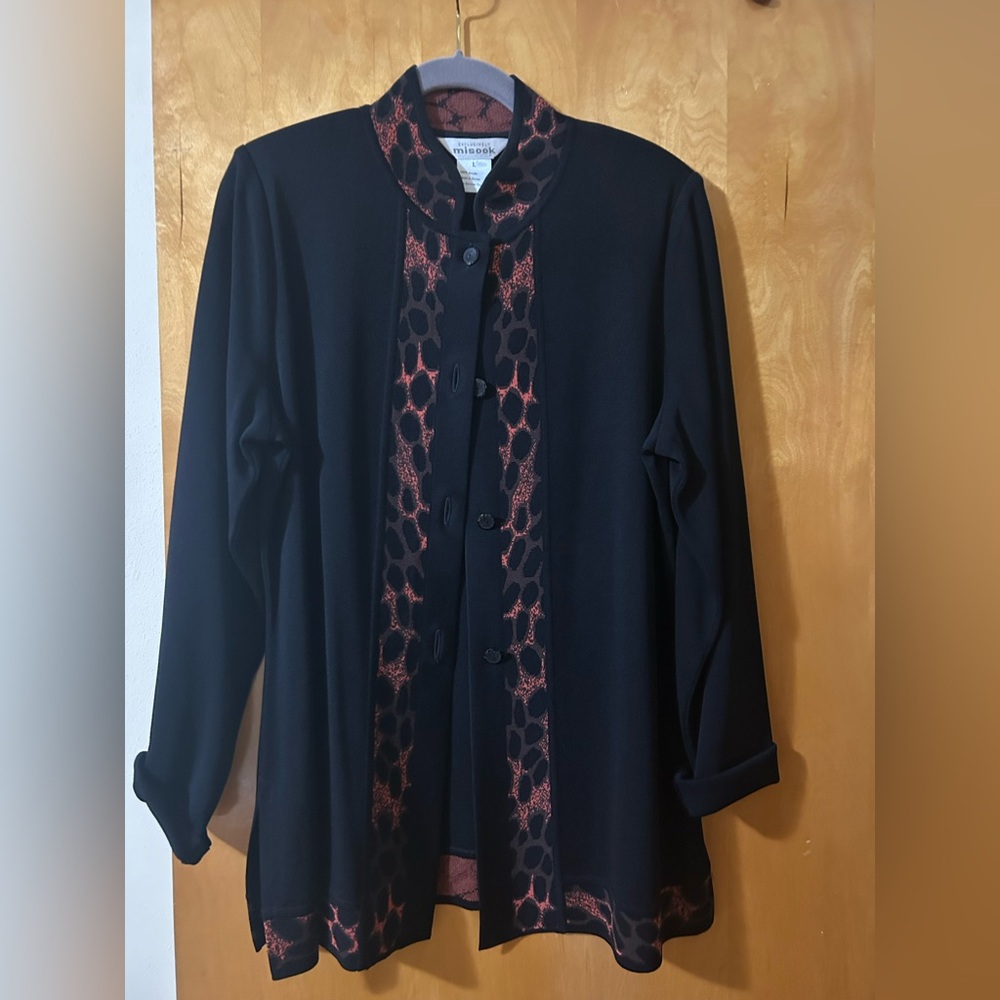 Misook Black Sweater With Red Pattern Accents - image 1